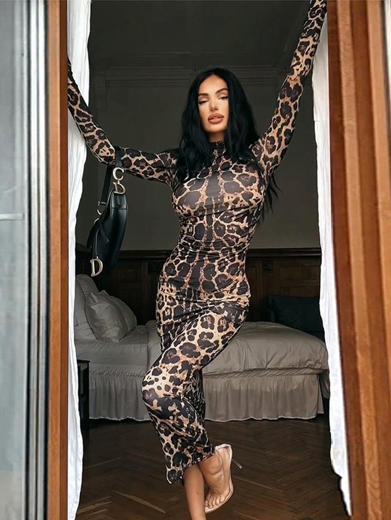Bodycon Zebra Print Mock Neck Dress