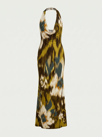 LILA Floral Print Cowl Neck Bodycon Midi Dress