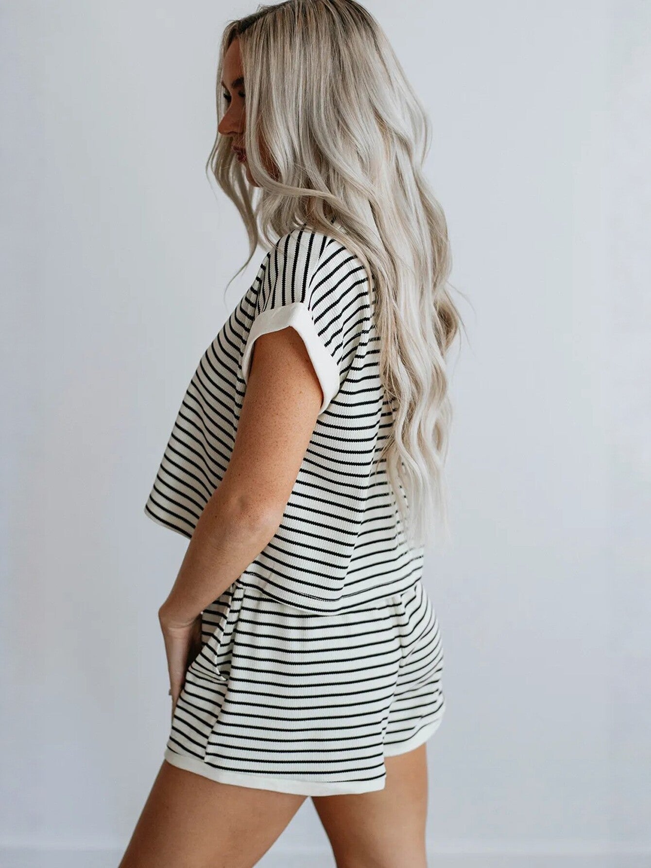 Striped Short Sleeve Shorts Set