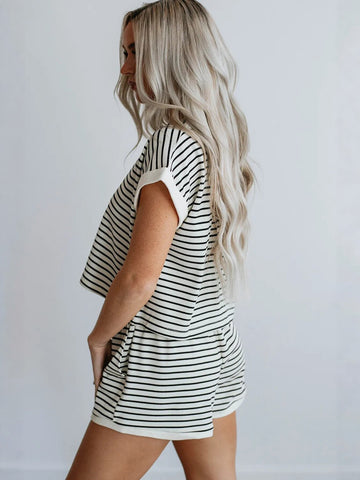 Striped Short Sleeve Shorts Set