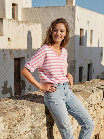 Casual Striped V Neck Pocket T-Shirt
