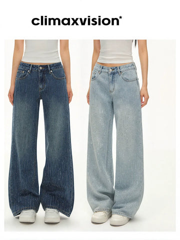 Sparkly Rhinestone High Waisted Wide Leg Jeans