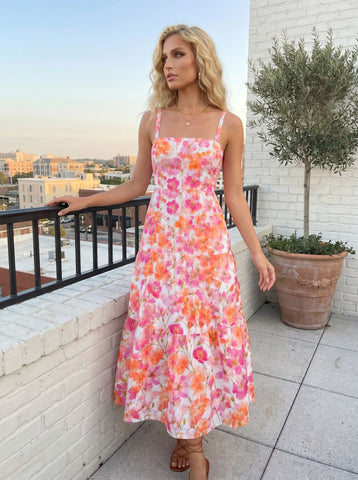 tiantian yu's Pink Floral Print Midi Dress