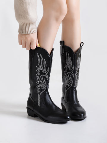 Embroidered Pointed-Toe Western Boots-Black