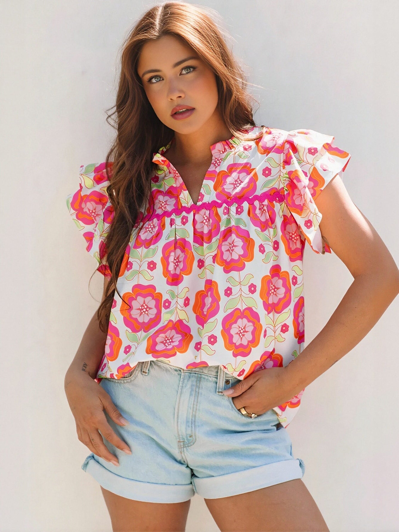 Floral Print V Neck T-Shirt