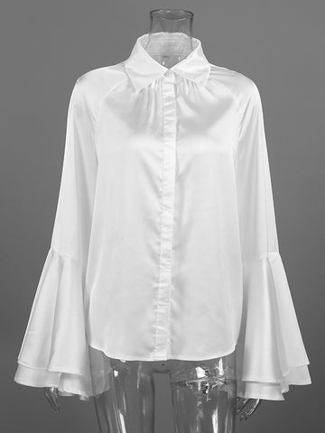 Dramatic Flared Sleeve Satin Button Shirt