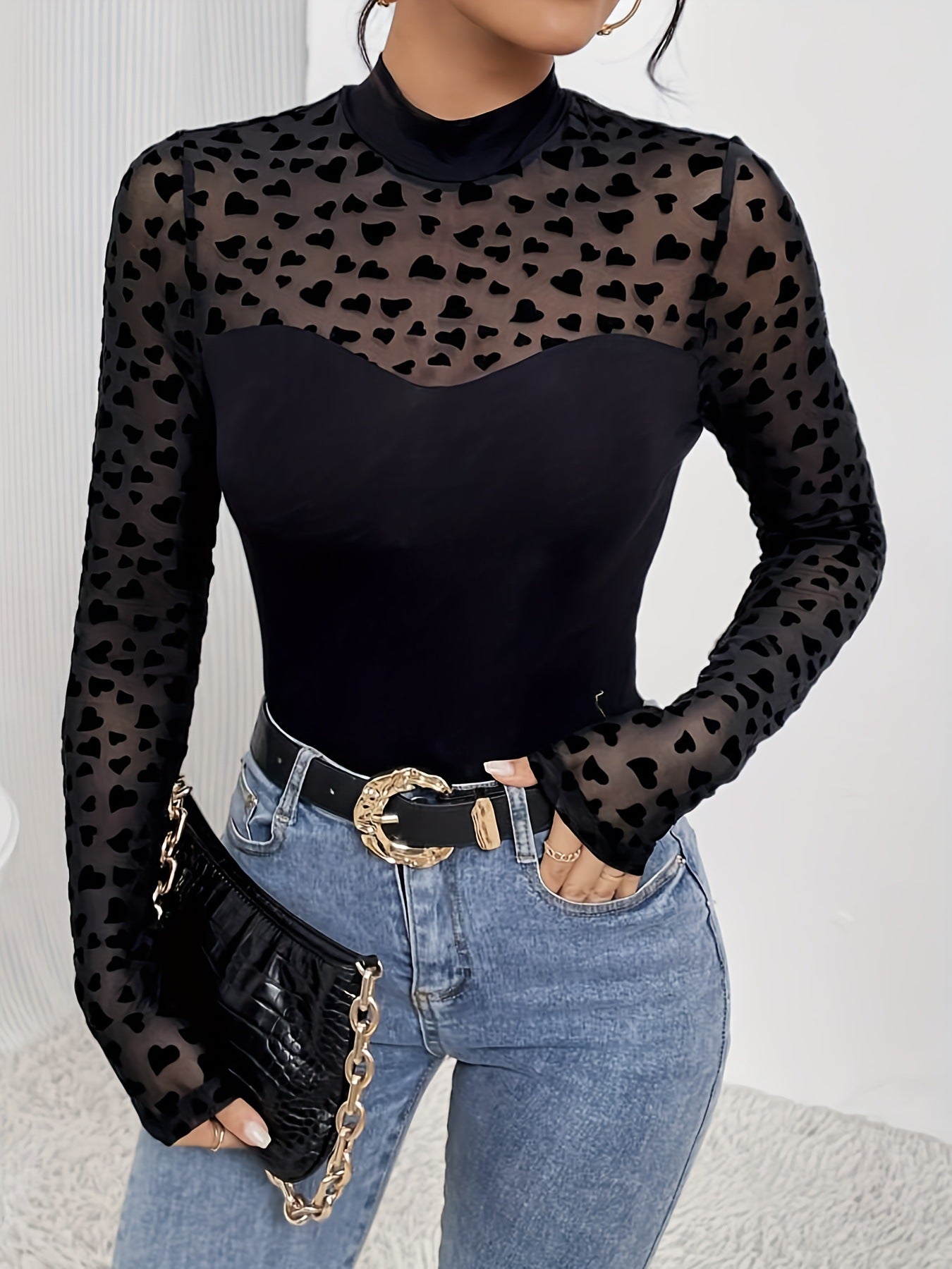 Sheer Heart Print Mock Neck Top