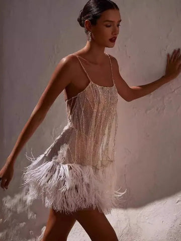 Embellished Feather Trim Mini Dress