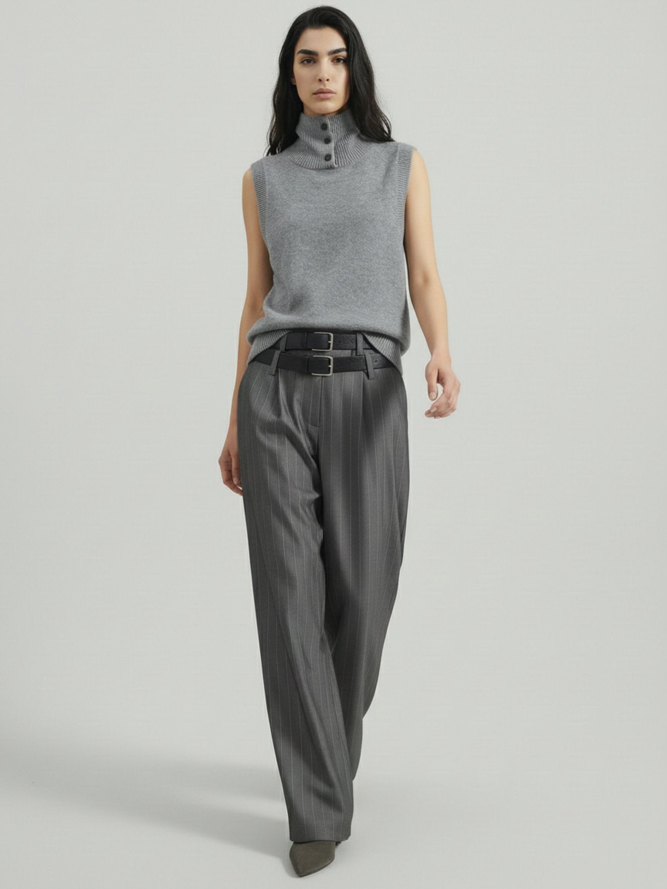 SAÏA Pinstripe High-Waisted Tailored Pants-Gray
