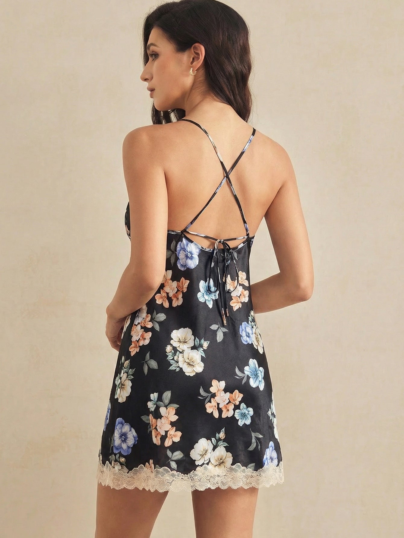 Floral Lace Trim Satin Slip Dress