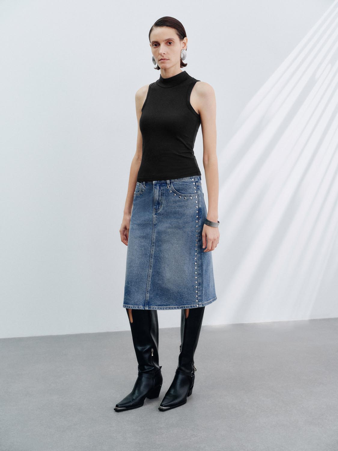 Urban Revivo Denim Midi Skirts-Blue