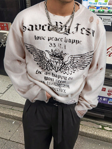 Distressed Graphic Oversized Knit Sweater