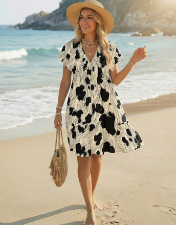 EVA Floral Print V Neck Tiered Babydoll Mini Dress
