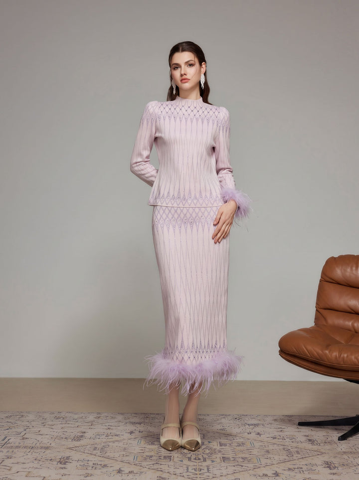 Sparkly Feather Trim Mock Neck Sweater