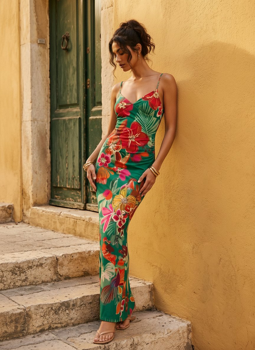 Floral Print Spaghetti Strap Bodycon Maxi Dress