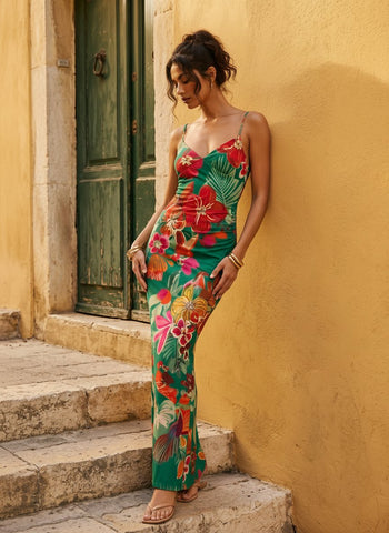 Floral Print Spaghetti Strap Bodycon Maxi Dress