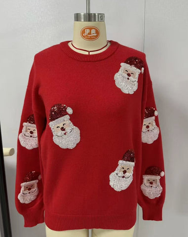 Festive Sequin Santa Christmas Pullover Sweater