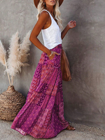Tiered Floral Print Boho Maxi Skirt