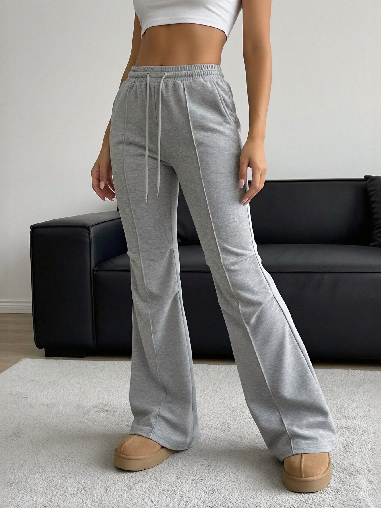 High-Waisted Drawstring Flare Athletic Pants-Gray