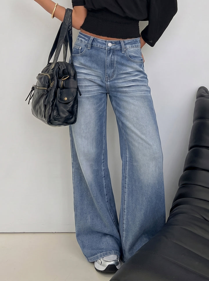 High Waisted Vintage Wash Wide Leg Jeans