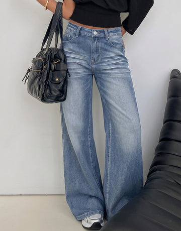 High Waisted Vintage Wash Wide Leg Jeans