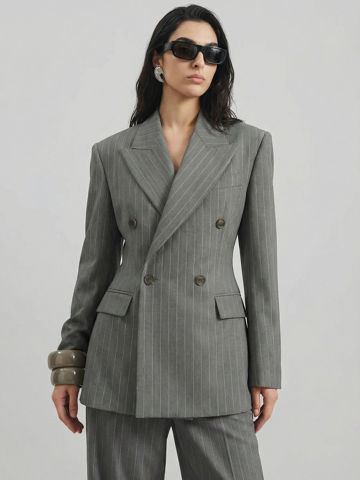 SAÏA Peaked Lapel Double-Breasted Tailored Waist Blazer-Gray