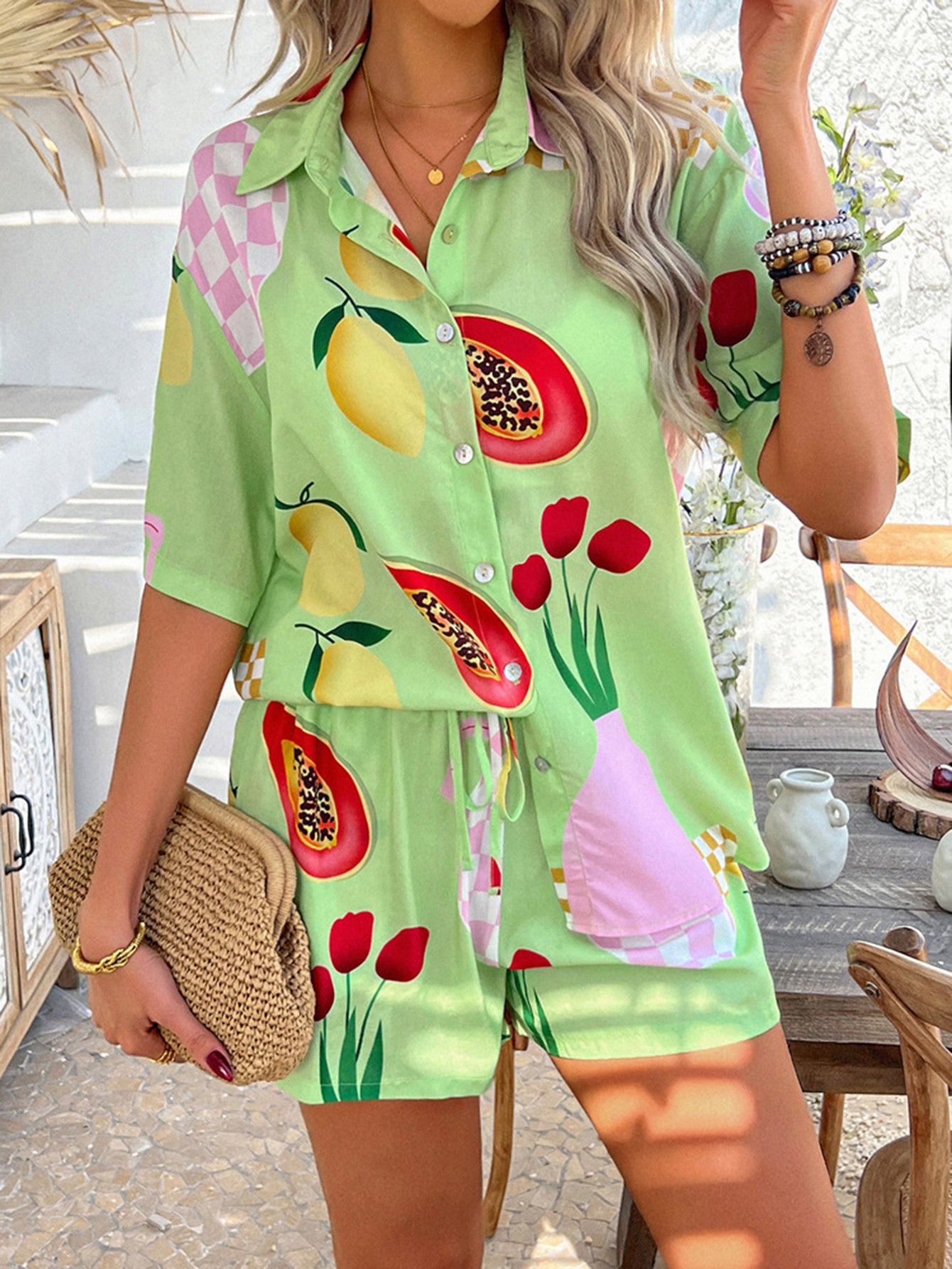 Short Sleeve Tropical Print Resort Shorts Set