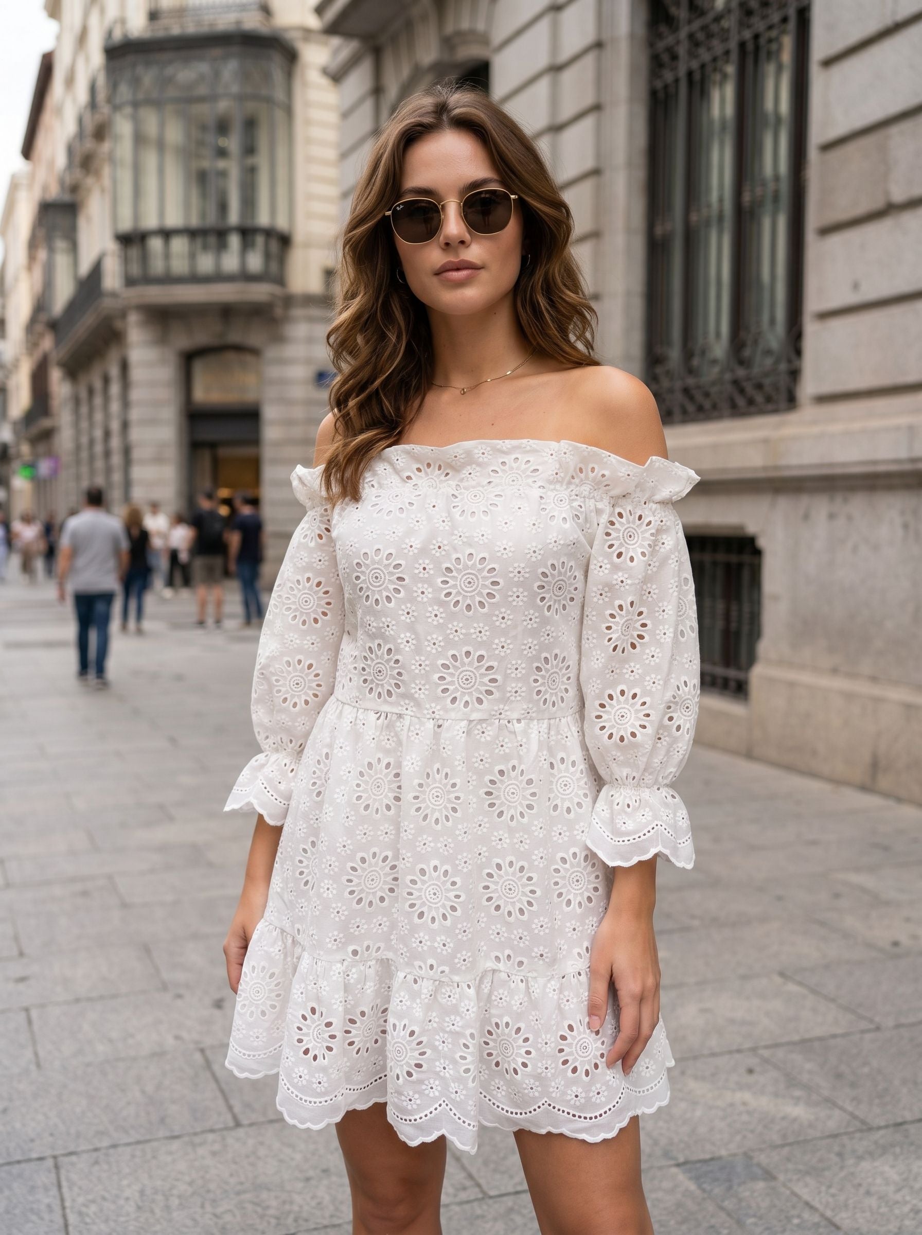 Off Shoulder Eyelet Mini Dress