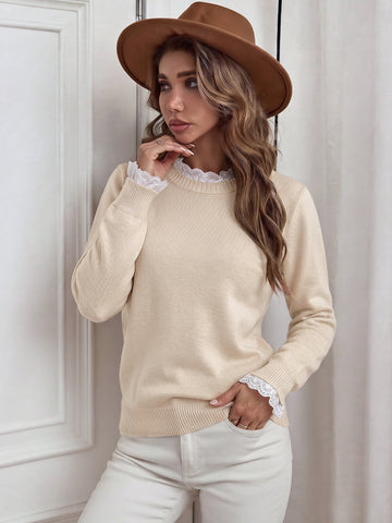 Lace Trim Crewneck Pullover Sweater