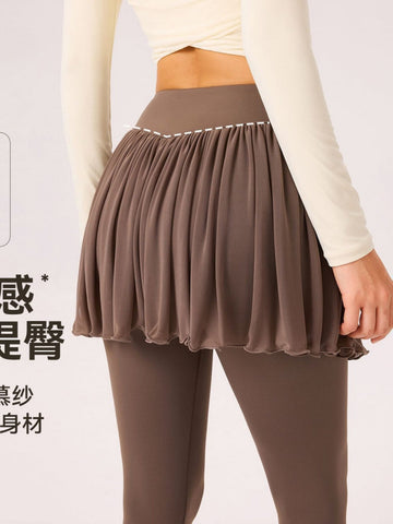 Pleated Mesh Skirted Yoga Leggings