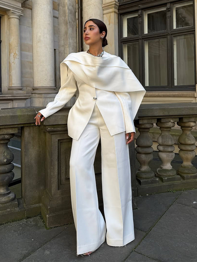 Elegant Draped Blazer Wide Leg Pantsuit