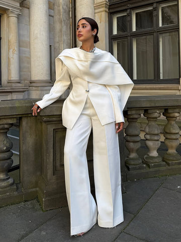 Elegant Draped Blazer Wide Leg Pantsuit