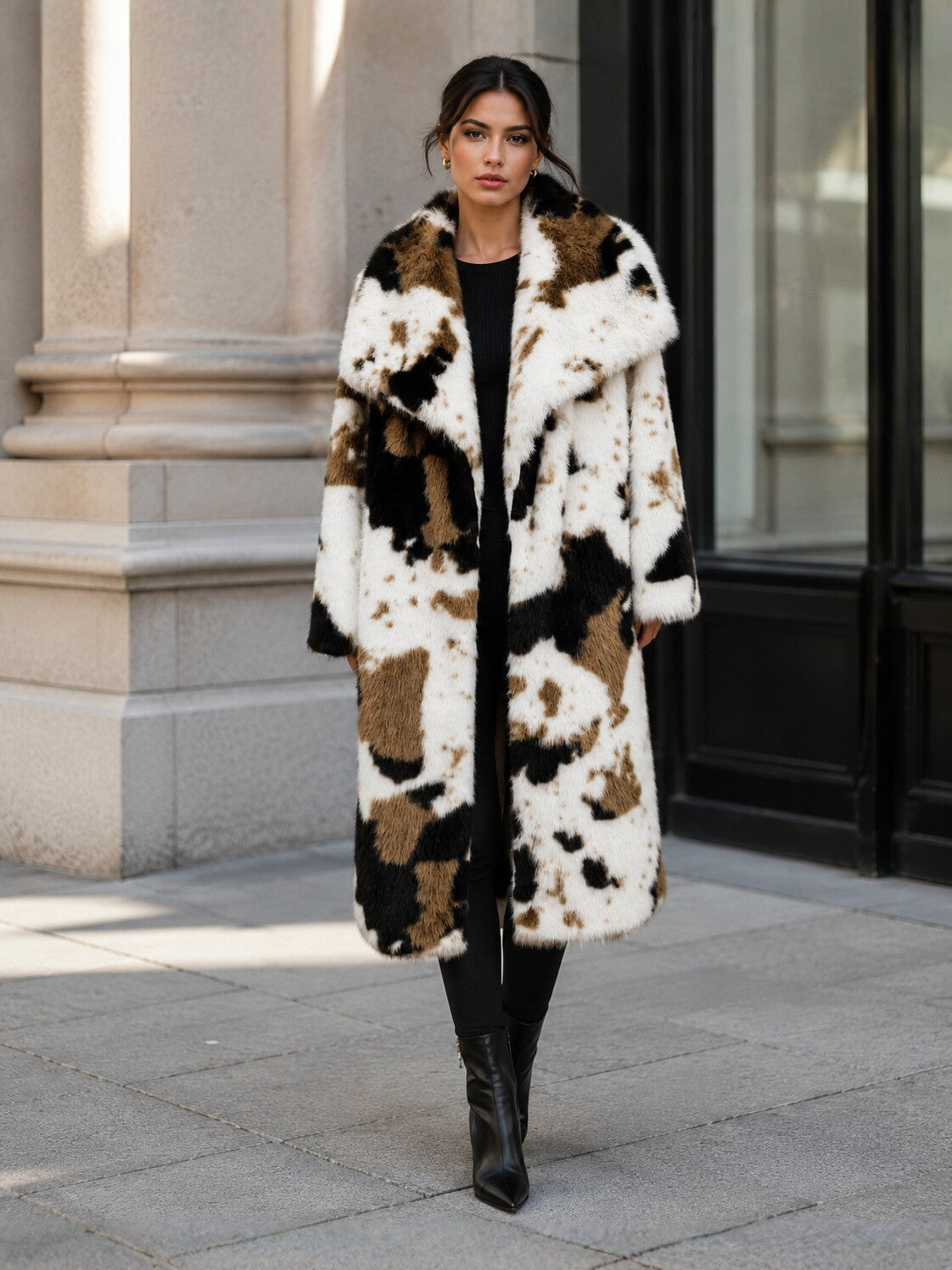 Luxurious Cow Print Faux Fur Coat
