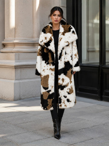 Luxurious Cow Print Faux Fur Coat
