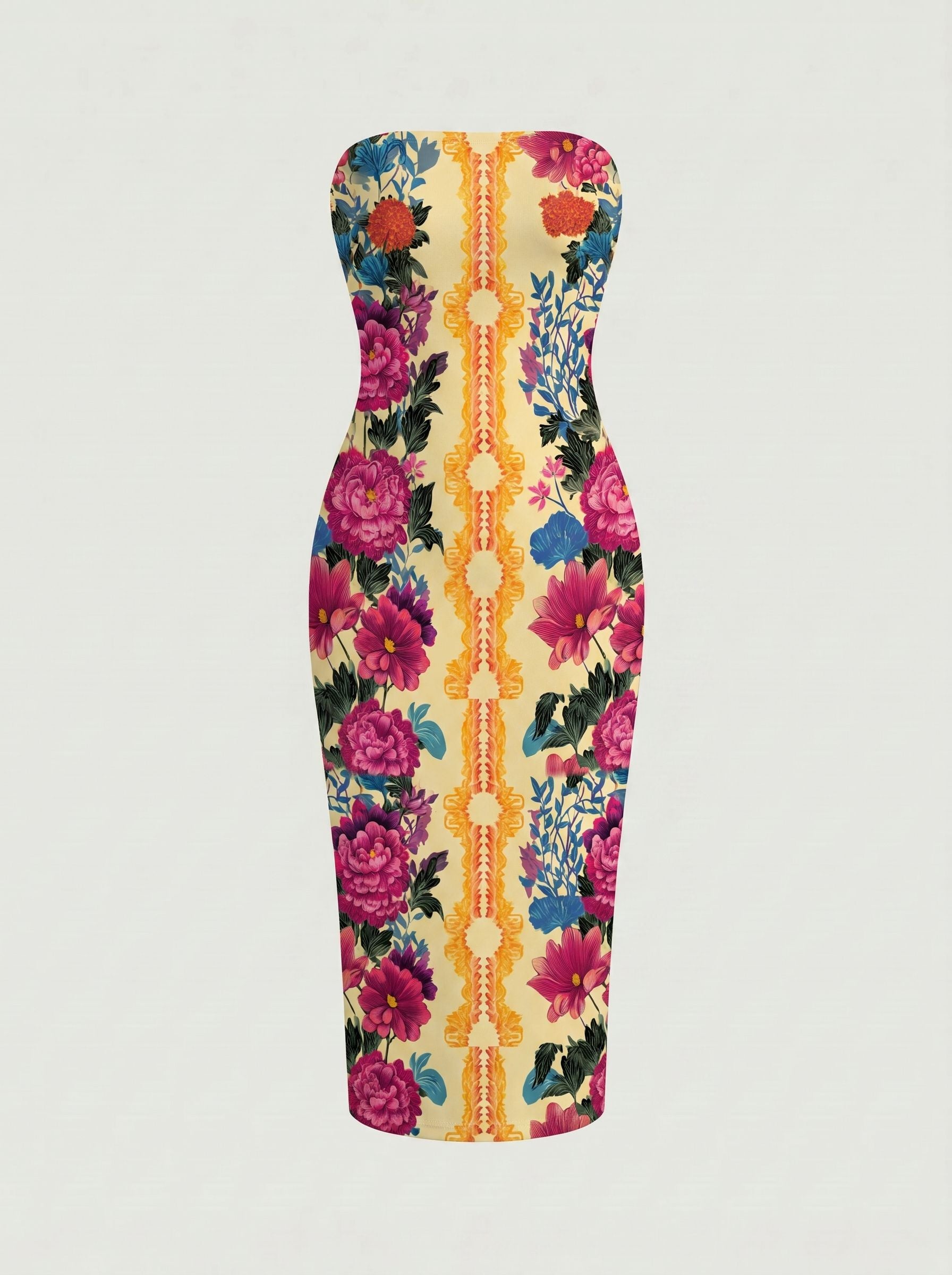 MAIA Floral Print Strapless Sheath Midi Dress