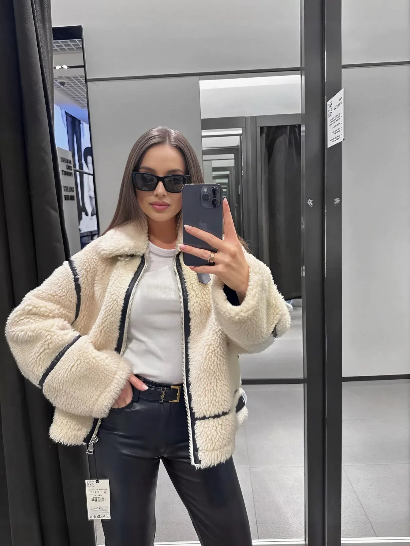 Cozy Faux Leather Trim Fleece Jacket