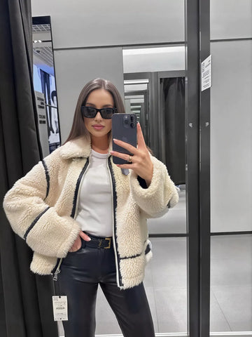 Cozy Faux Leather Trim Fleece Jacket