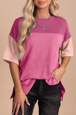 Colorblock Ribbed Knit Casual T-Shirt