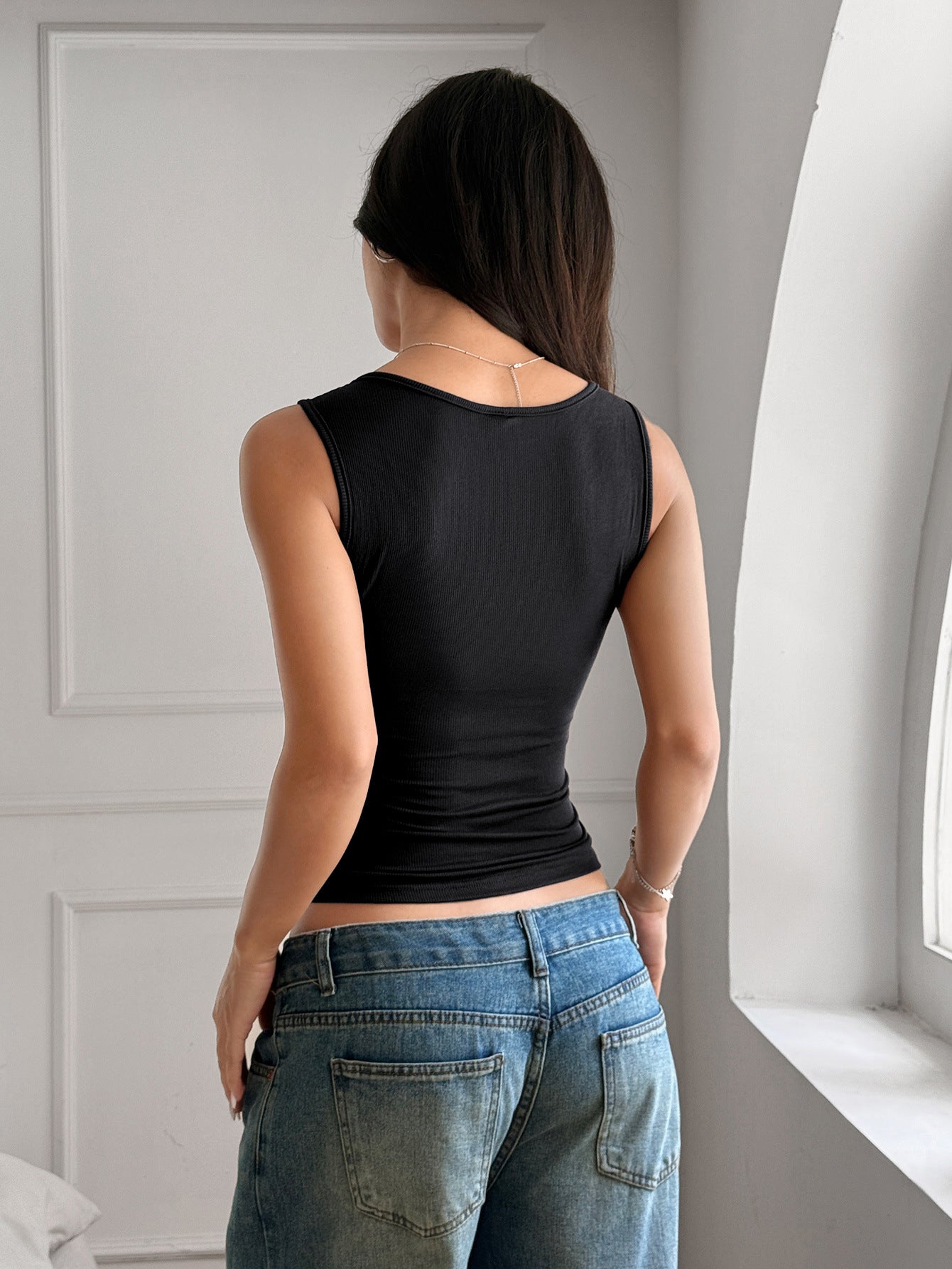 Square Neck Button Sleeveless Top