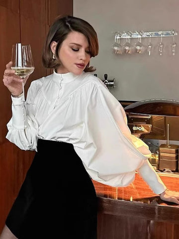 Elegant Balloon Sleeve Button Down Blouse