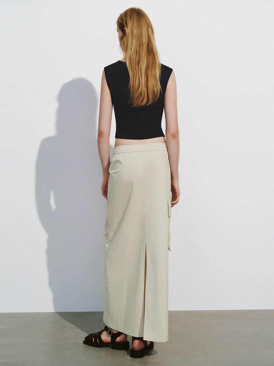 Urban Revivo Drawstring Waist Midi Straight Skirt-Natural