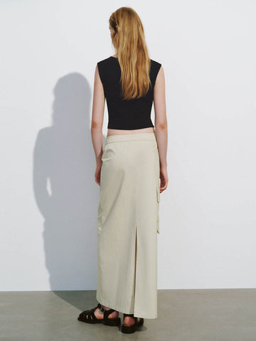 Urban Revivo Drawstring Waist Midi Straight Skirt-Natural