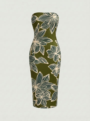 MAIA Floral Print Strapless Sheath Midi Dress