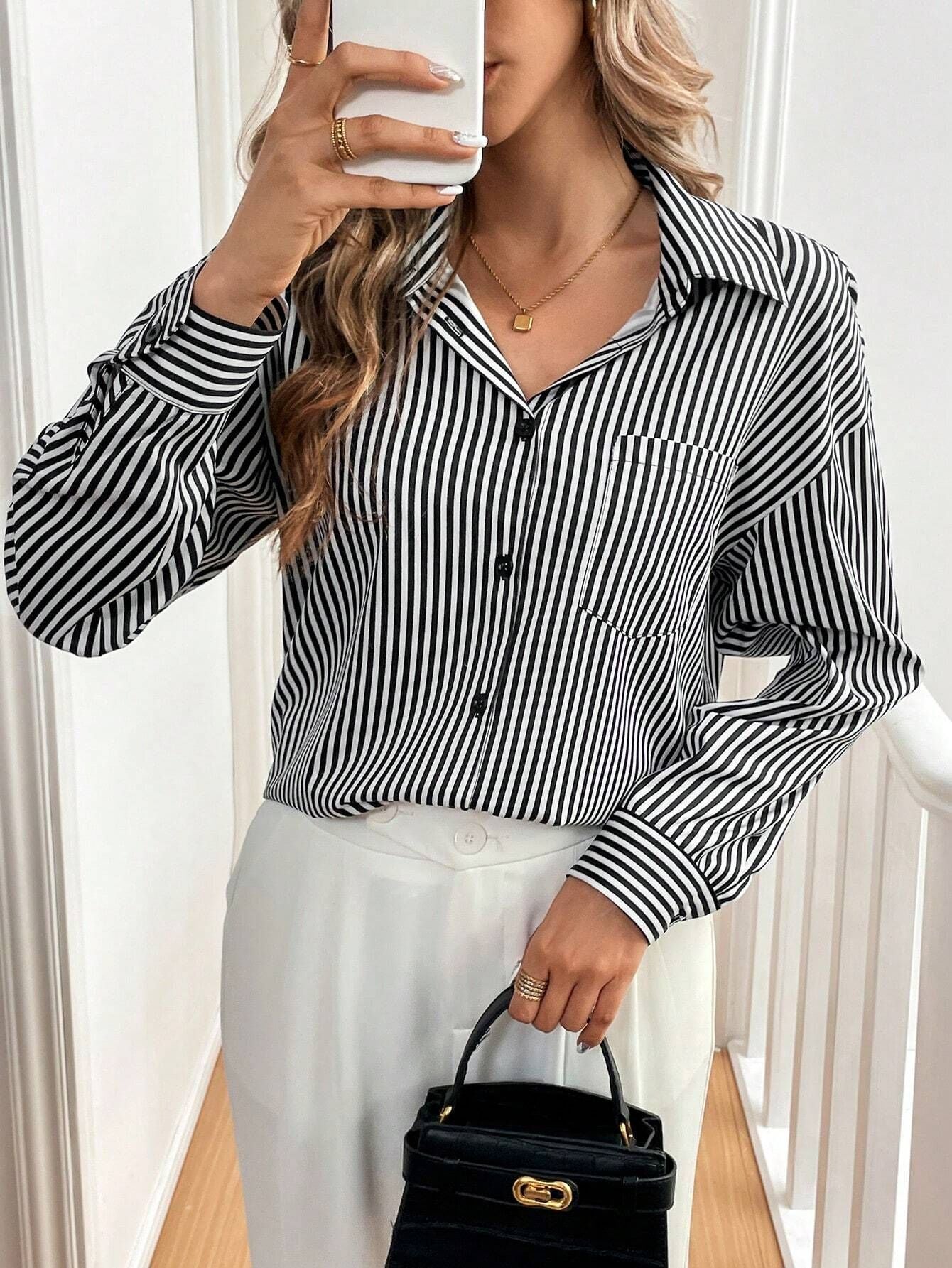 Open Back Bowknot Striped Button Shirt