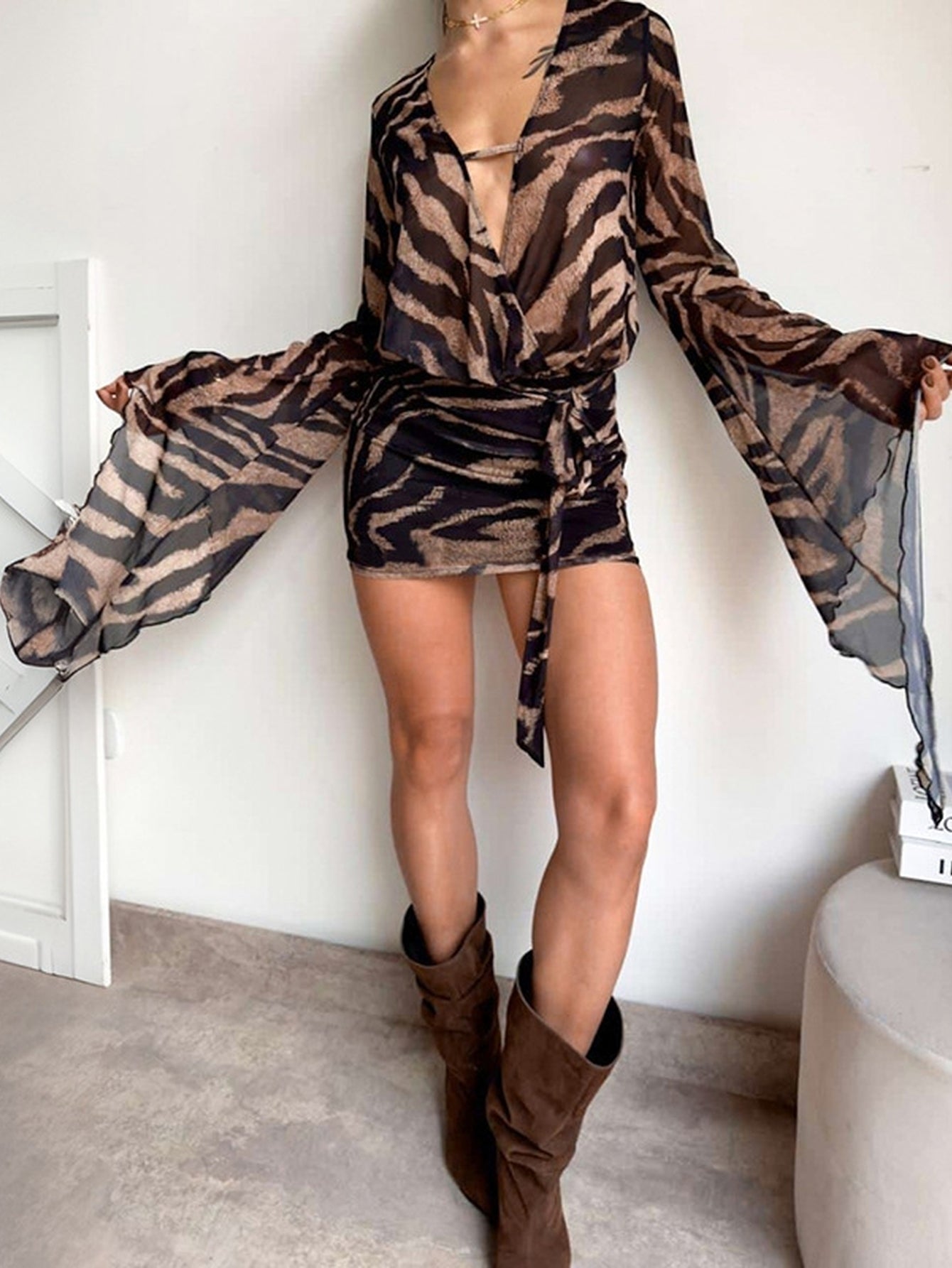 Sheer Animal Print Wrap Mini Dress