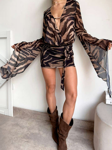 Sheer Animal Print Wrap Mini Dress
