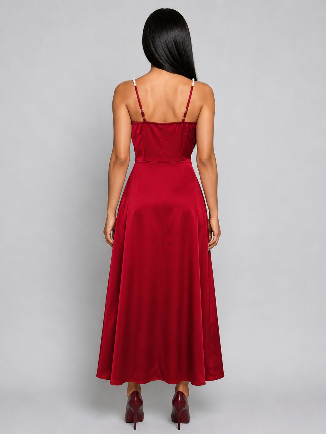 Elegant Pearl Strap Satin Midi Dress