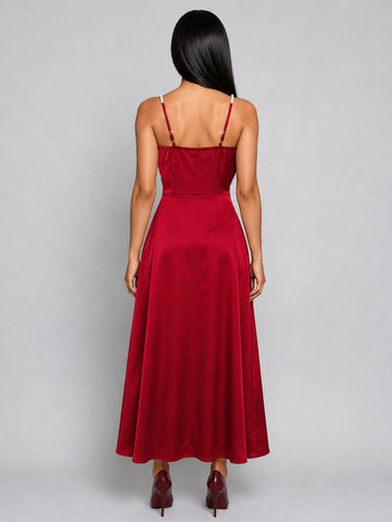 Elegant Pearl Strap Satin Midi Dress