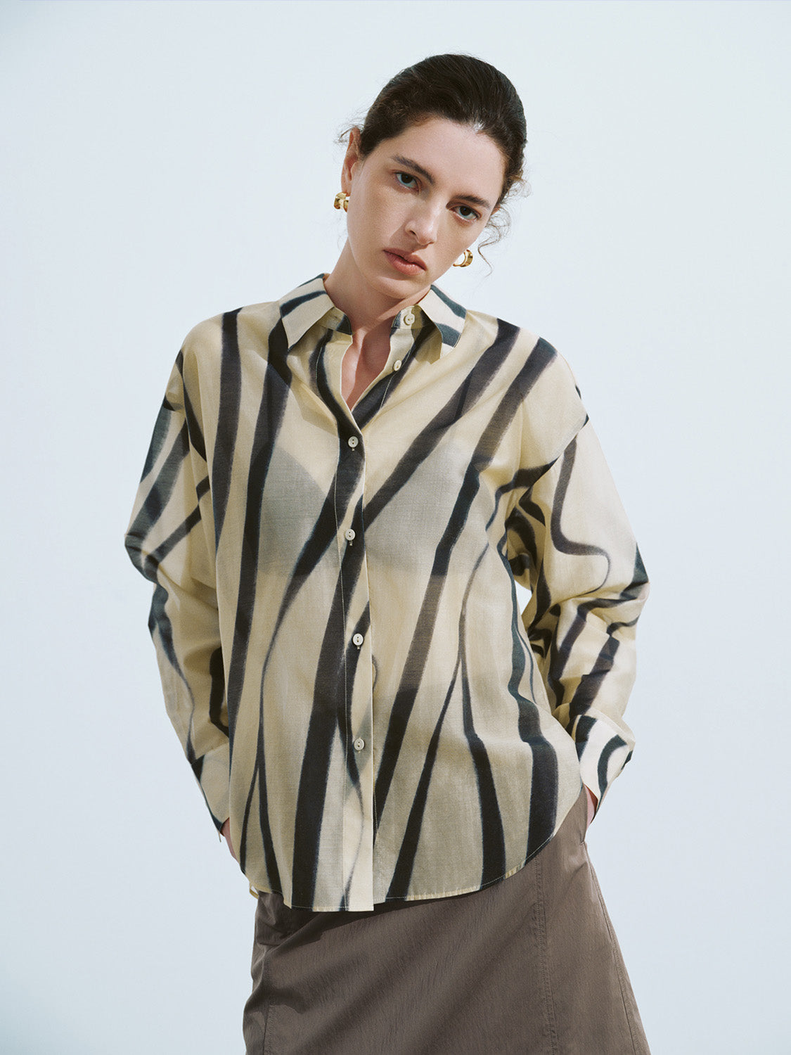 Urban Revivo Printed Button Up Loose Shirt-Beige