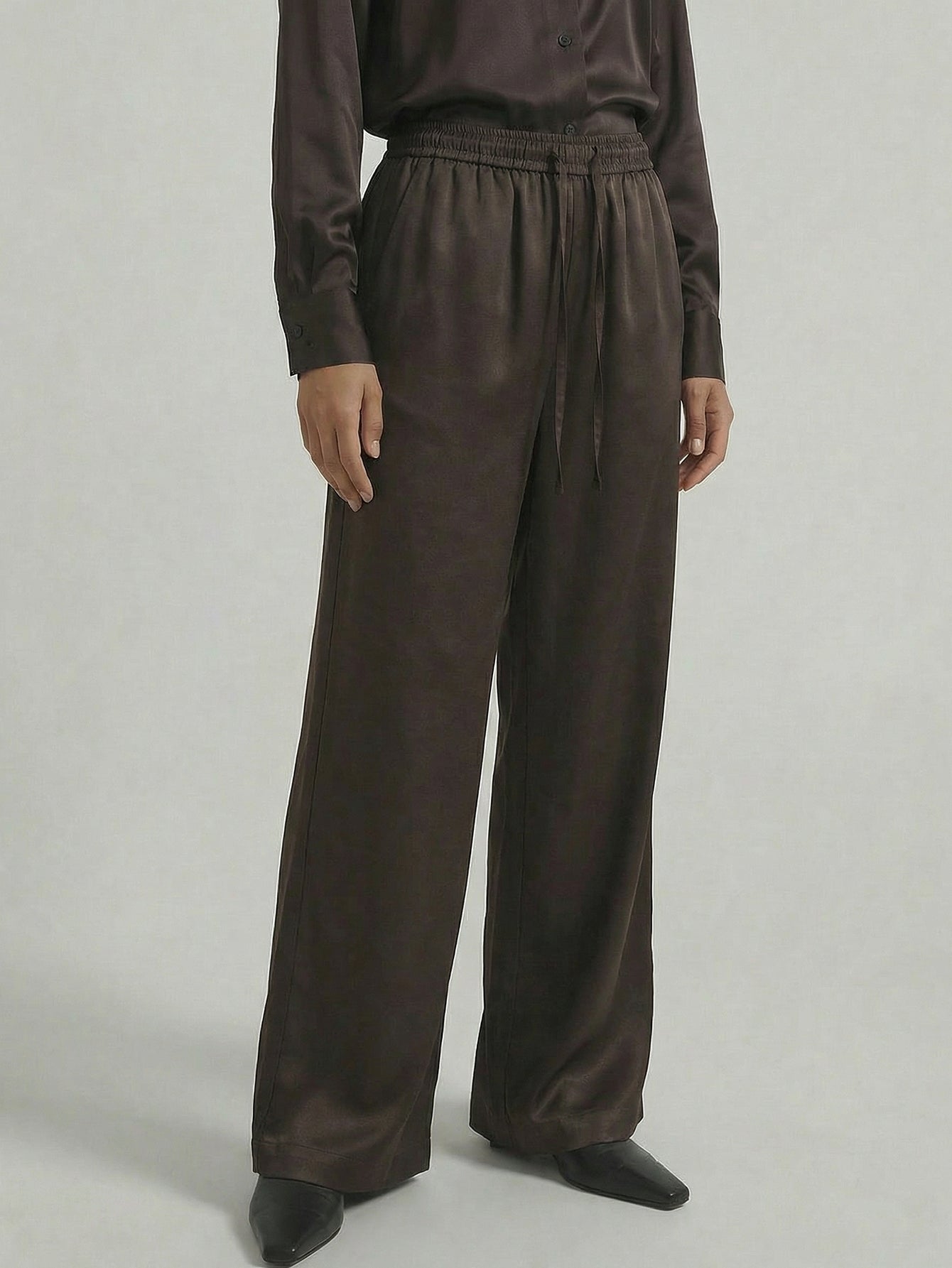 SAÏA Drawstring Waist Wide-Leg Casual Pants-Dark Gray
